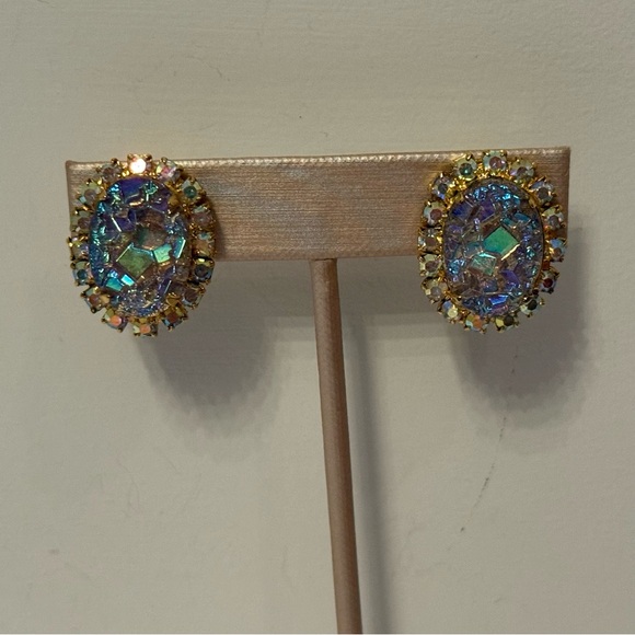 Vintage Jewelry - VINTAGE EARRINGS AB CRYSTAL AURORA BOREALIS CLIPS GOLD TONE SETTING ICE CENTER